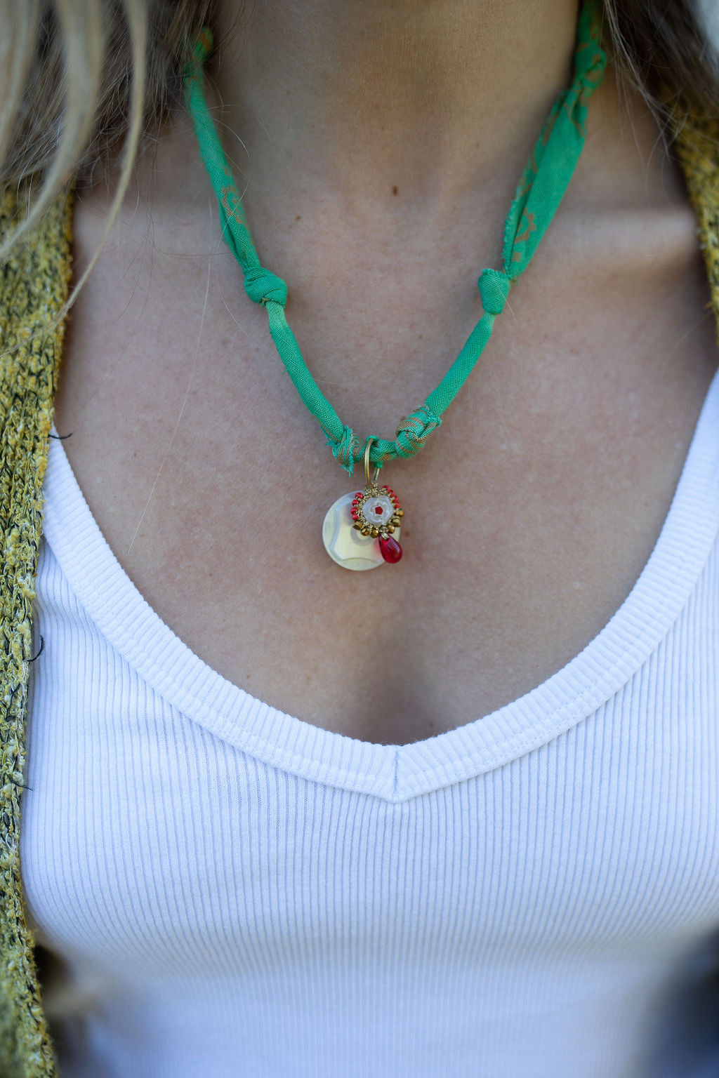 Hand beaded European pendant + green