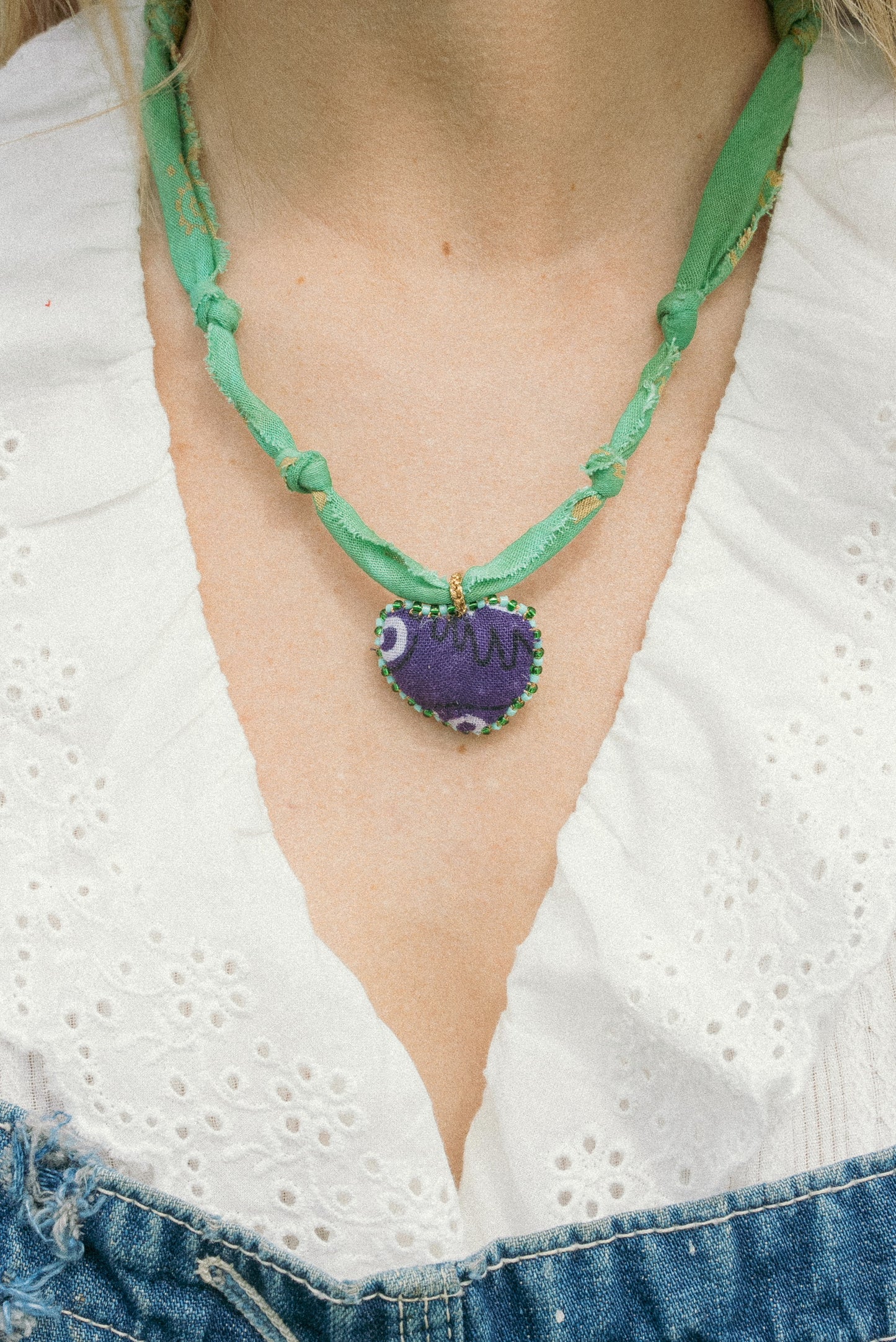 Handmade beaded bandana heart + green