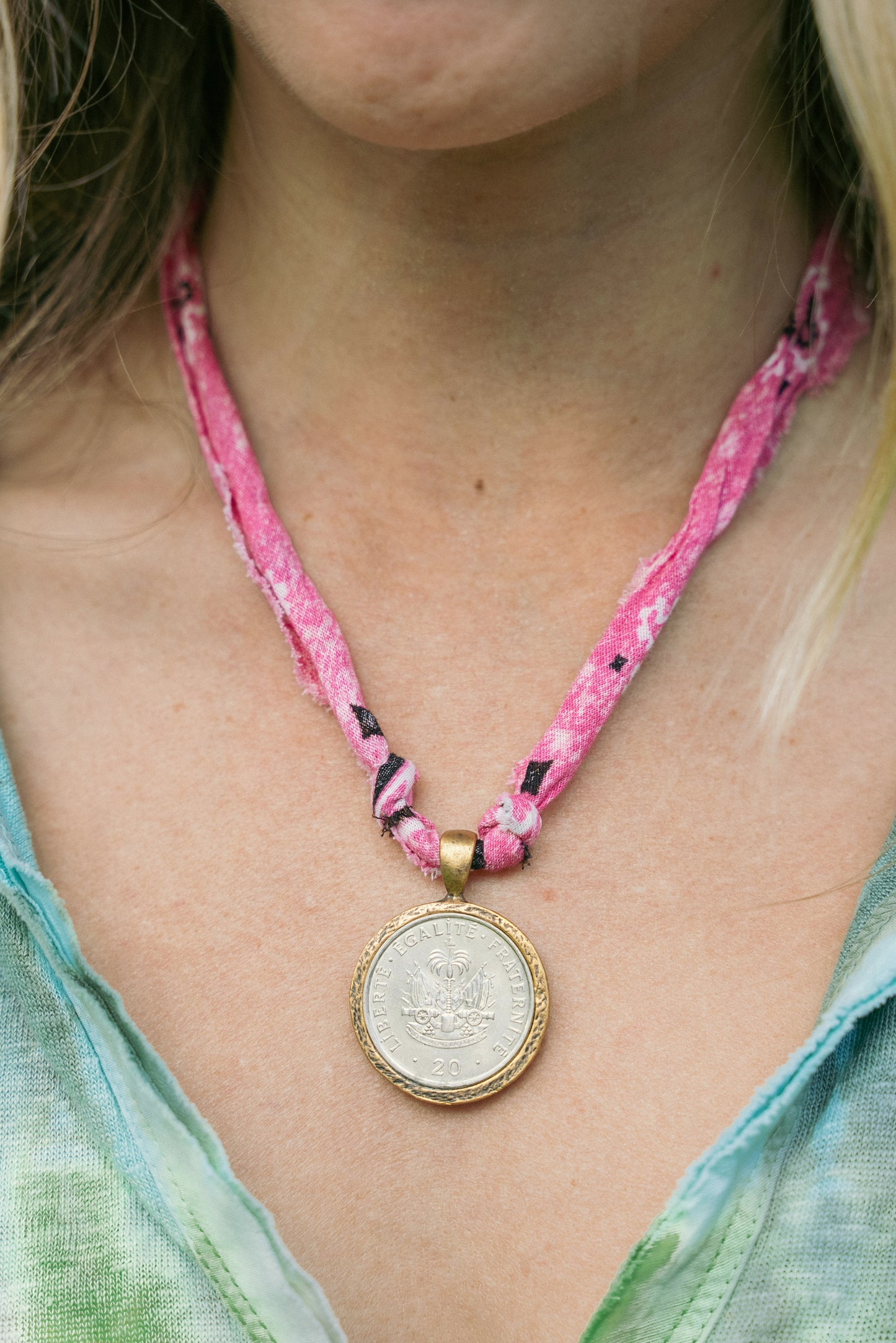 Vintage coin pendant + pink