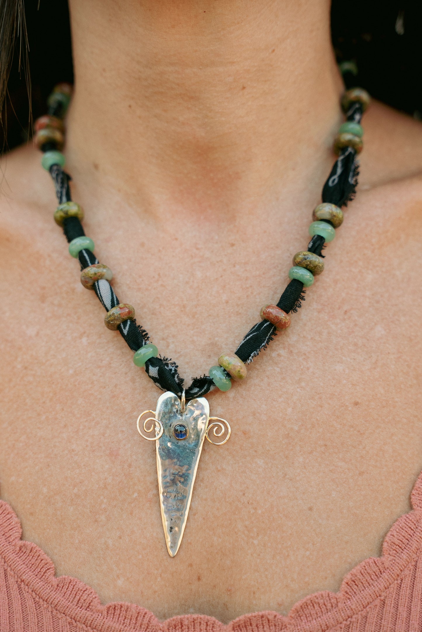 Beaded Sterling heart pendant + black