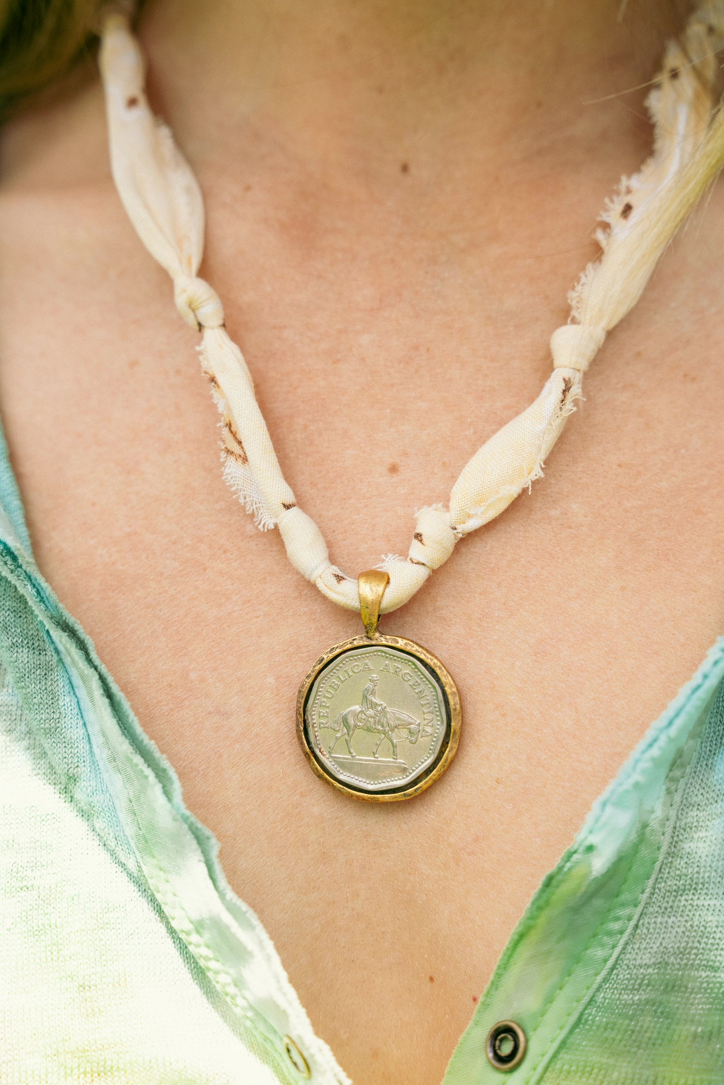 Vintage horse coin pendant + butter yellow
