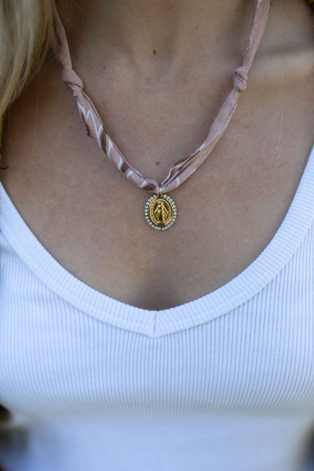 Gold filled religious medallion from Italy + faded blush/tan