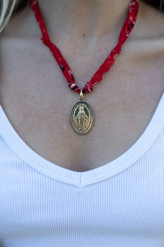 Gold filled religious Mary medallion + red