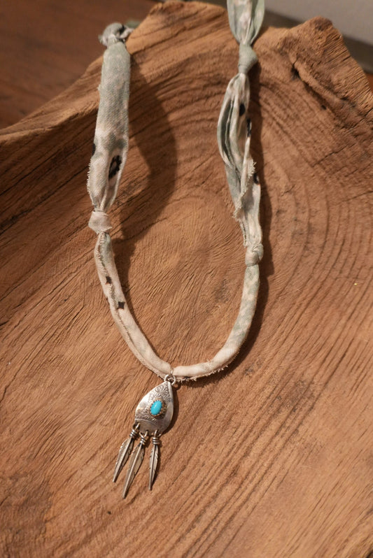 Faded Sage + Vintage Turquoise Pendant with Feathers