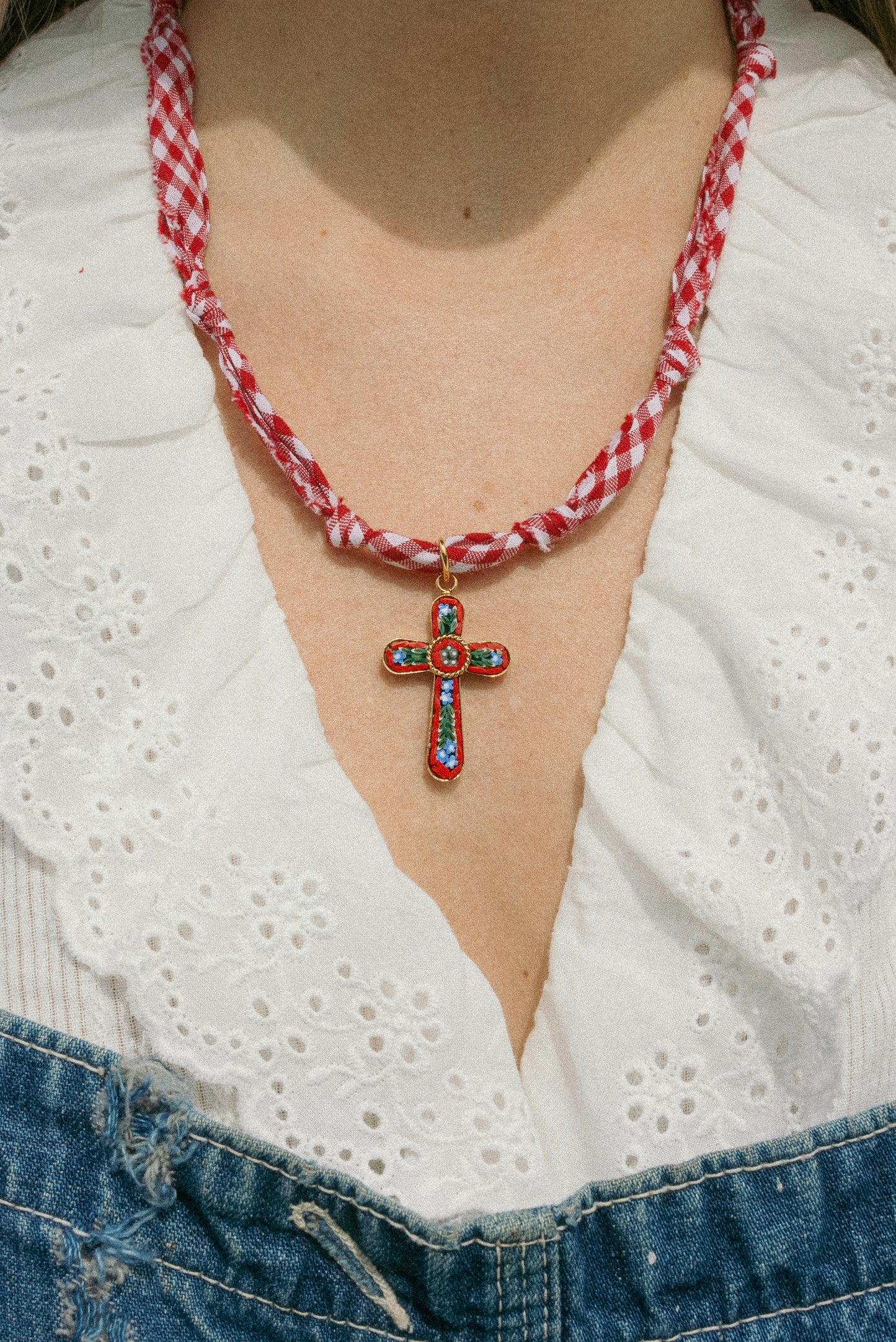 Italian glass cross + red gingham