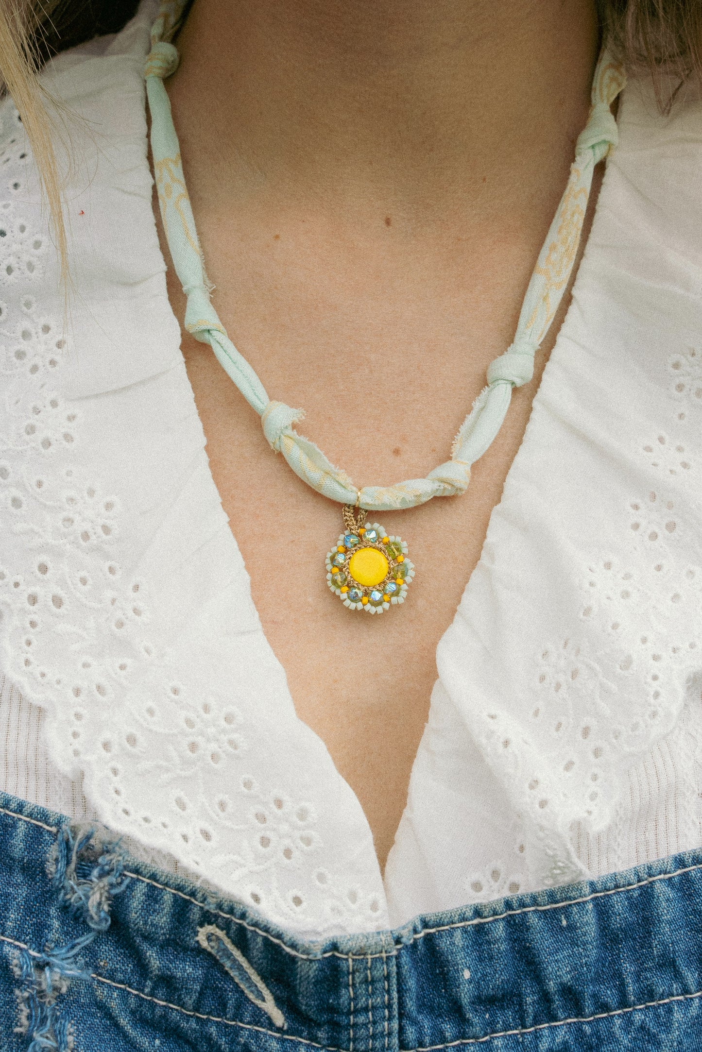 European beaded flower + pale sea-foam