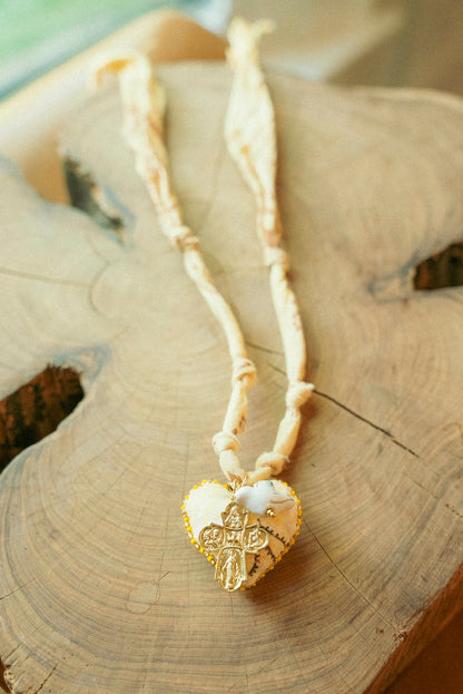 Hand beaded bandana heart (handmade in Paris) w/ layered vintage cross and dove + butter yellow