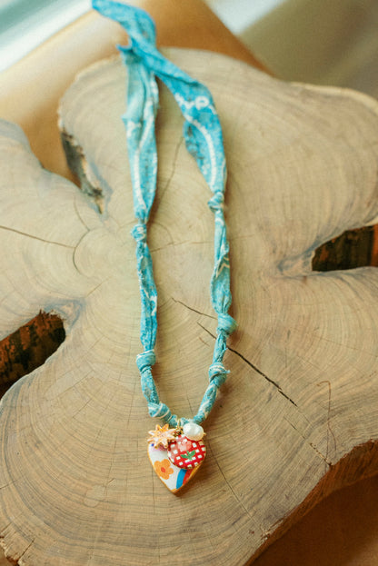 Hand painted heart w/layered charms + faded ombré blue