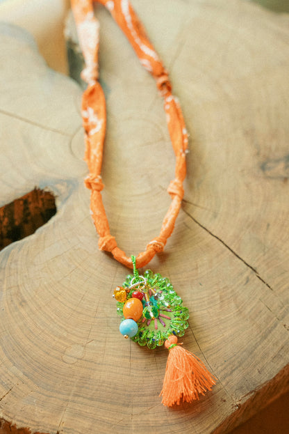 Italian handmade heart pendant w/ beads + faded orange