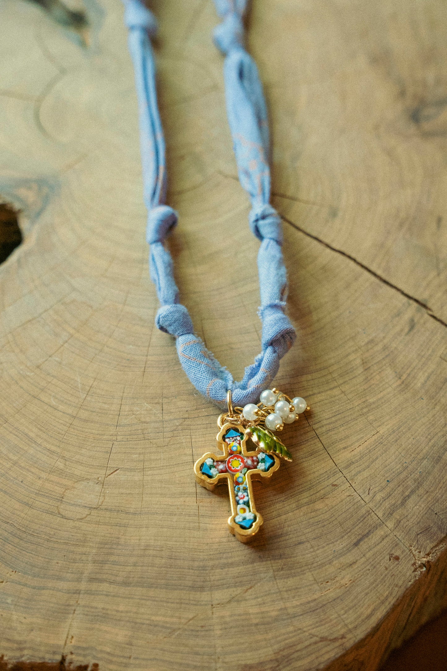 Italian glass cross/pearl grapes + periwinkle