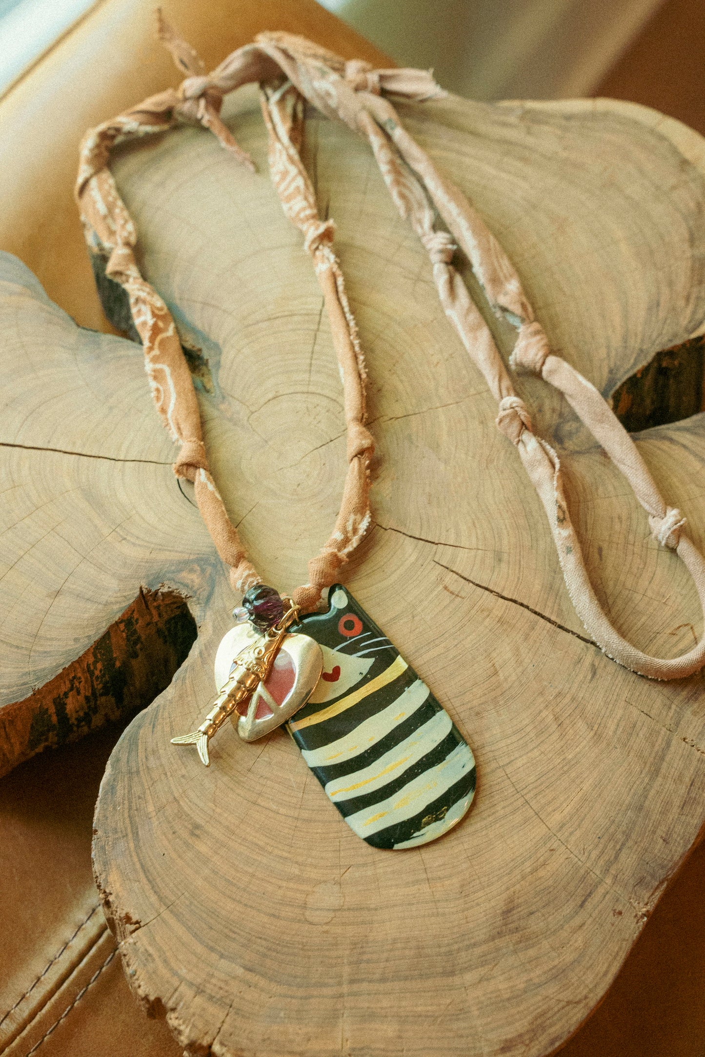 Italian striped cat w/ layered charms + extra long neutral bandana