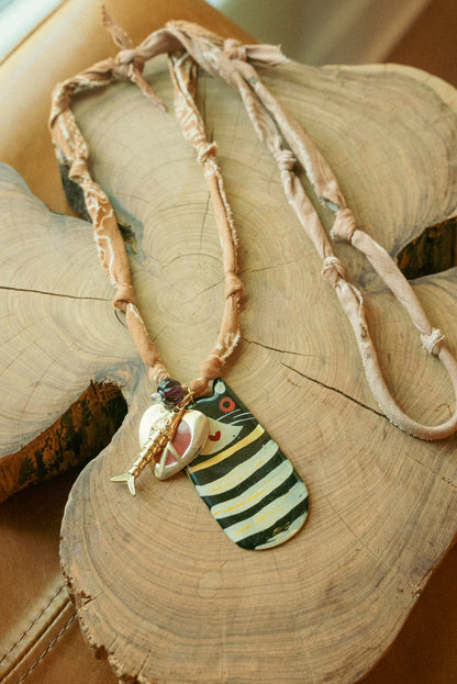 Italian striped cat w/ layered charms + extra long neutral bandana