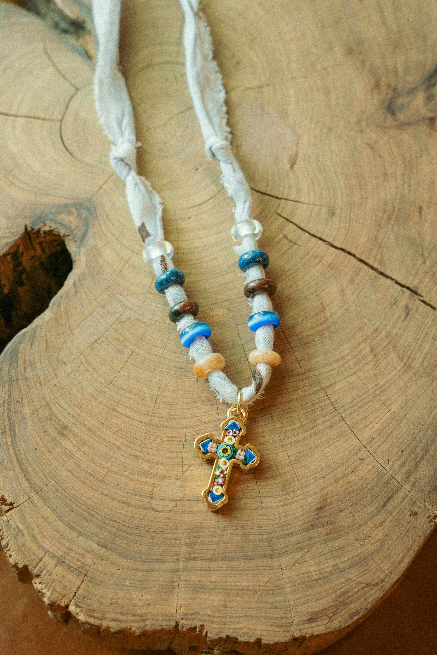 Italian glass cross + beaded gray