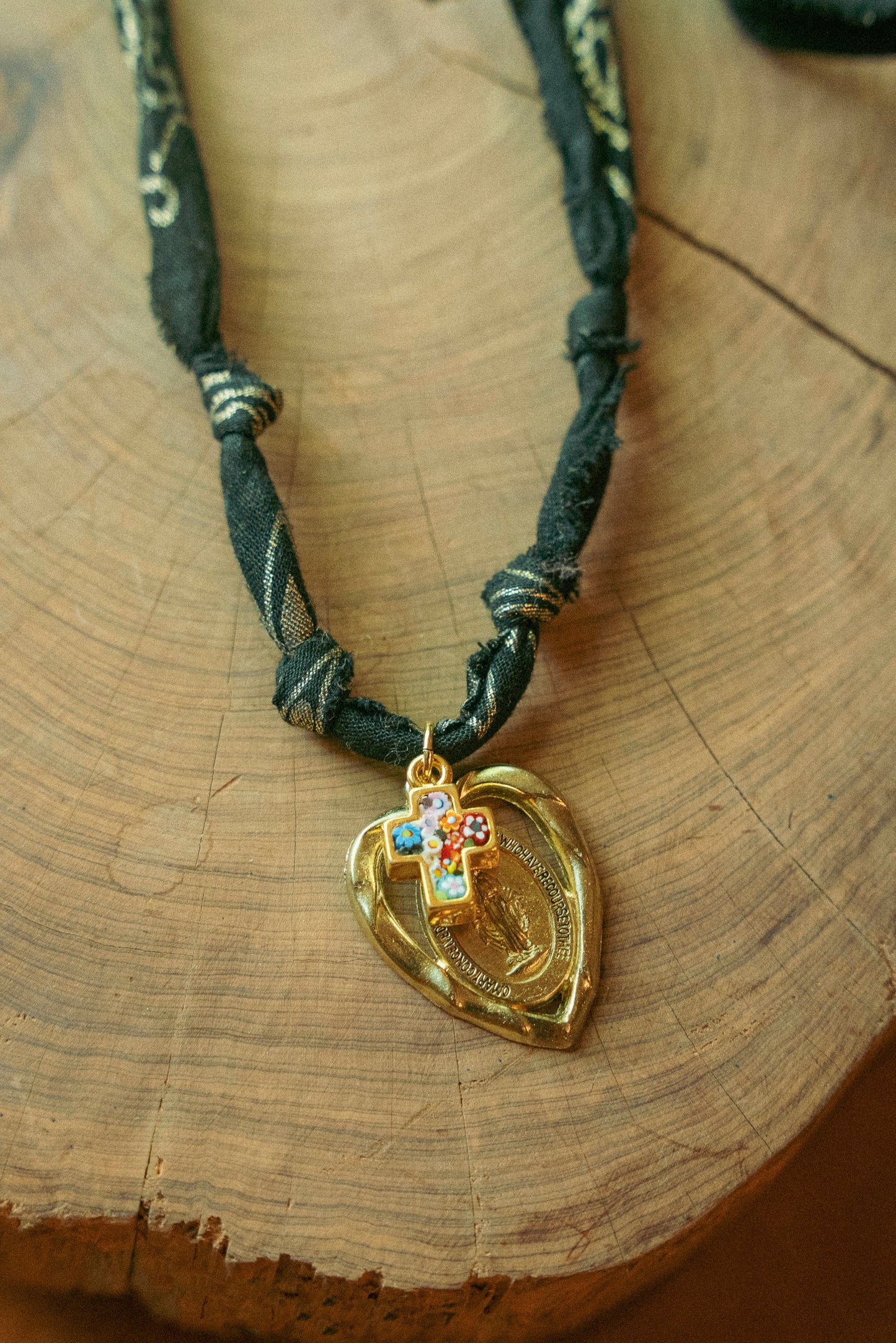 Vintage heart w/Italian glass + black and gold paisley extra long bandana