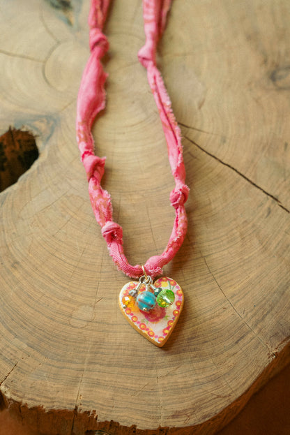 Hand painted heart w/ small beads + hot pink