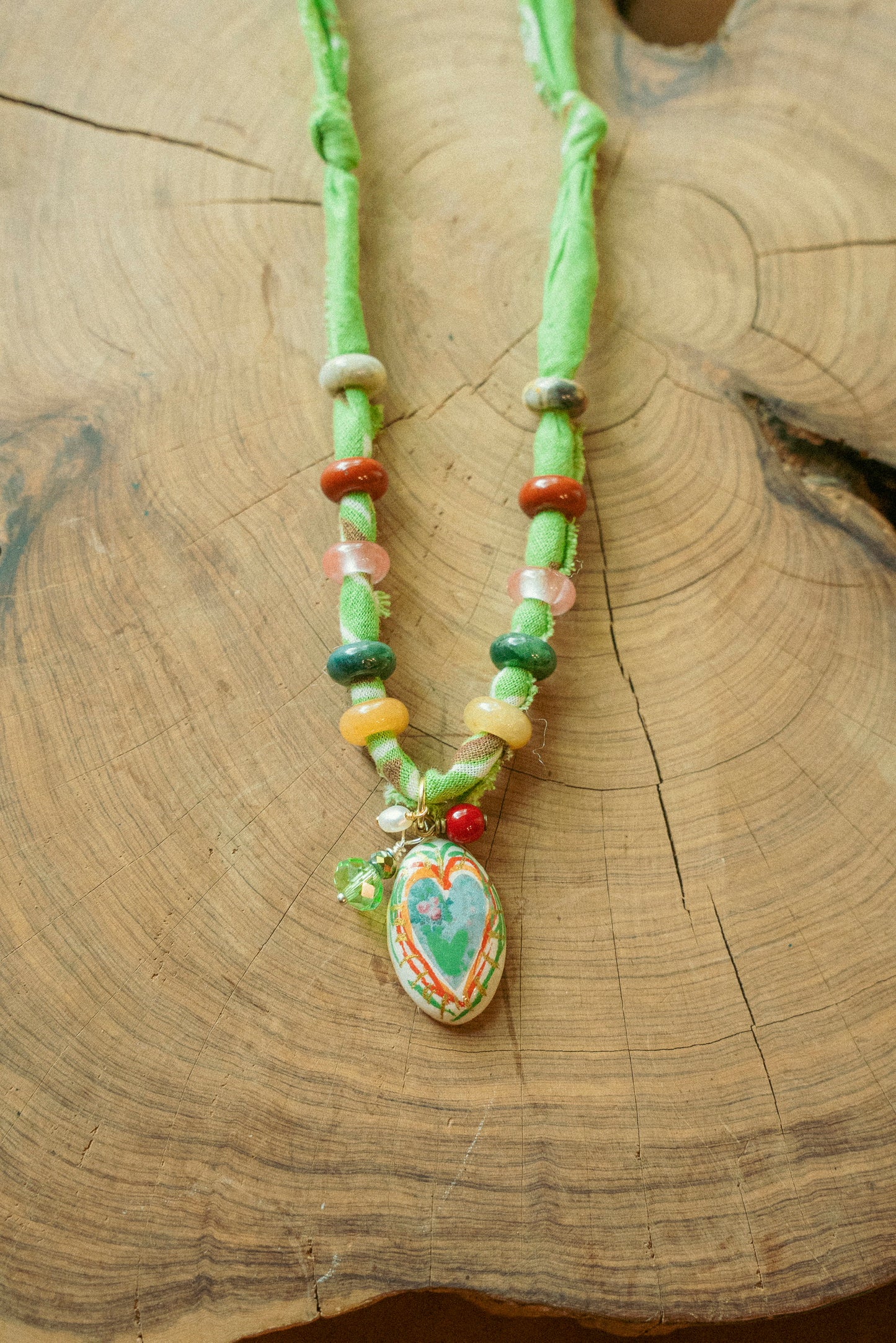 Hand painted heart w/ small beads + beaded green bandana