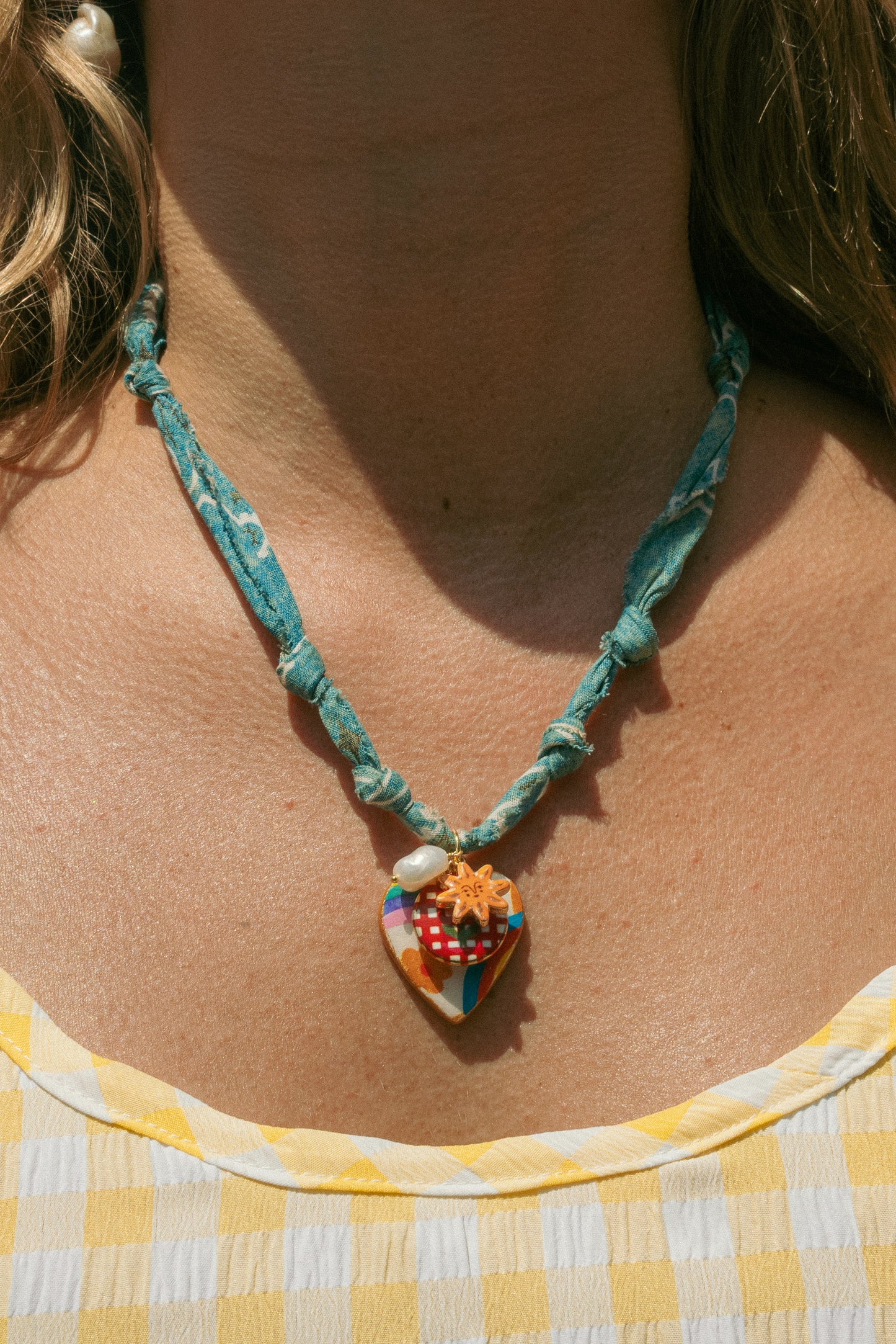 Hand painted heart w/layered charms + faded ombré blue