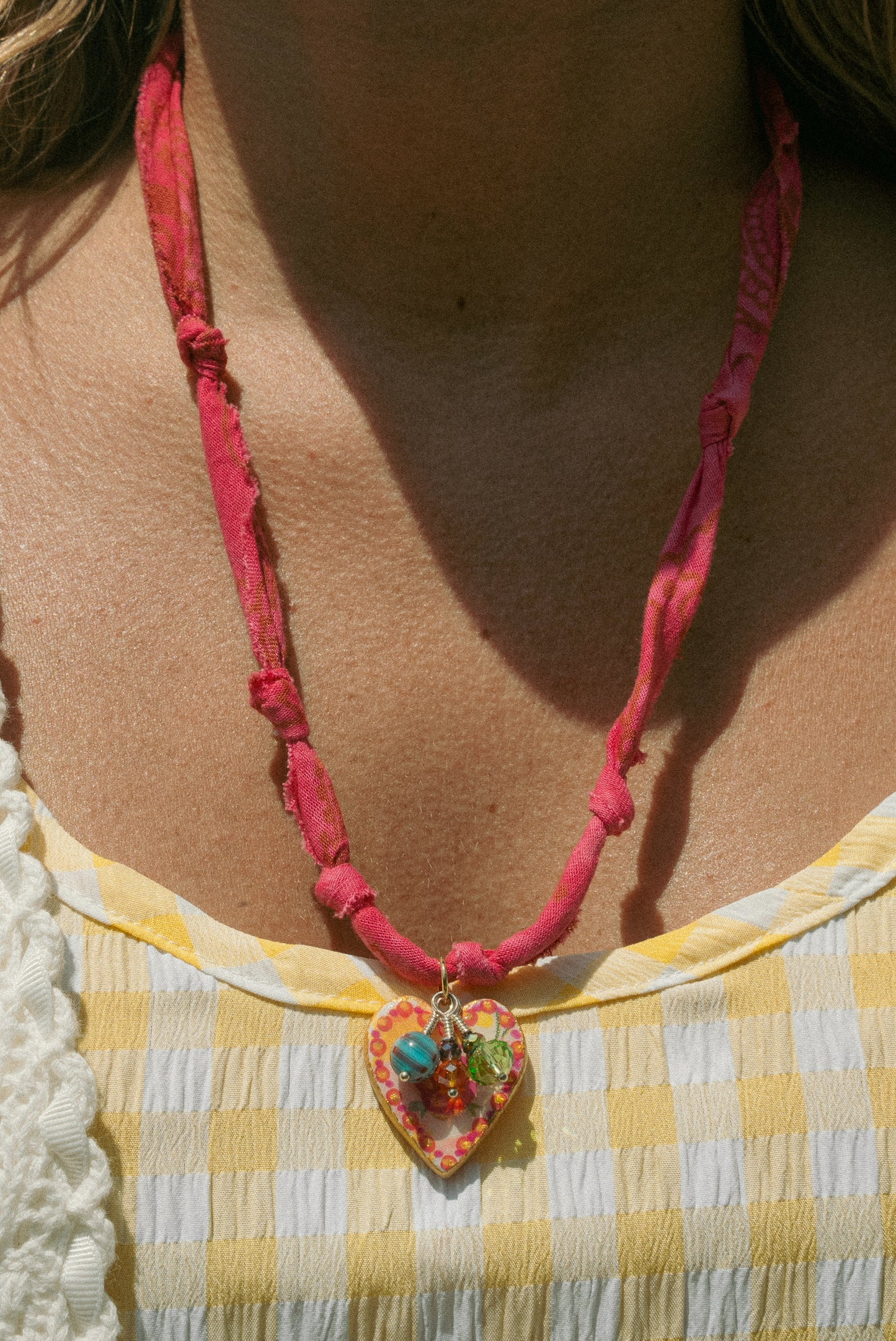 Hand painted heart w/ small beads + hot pink