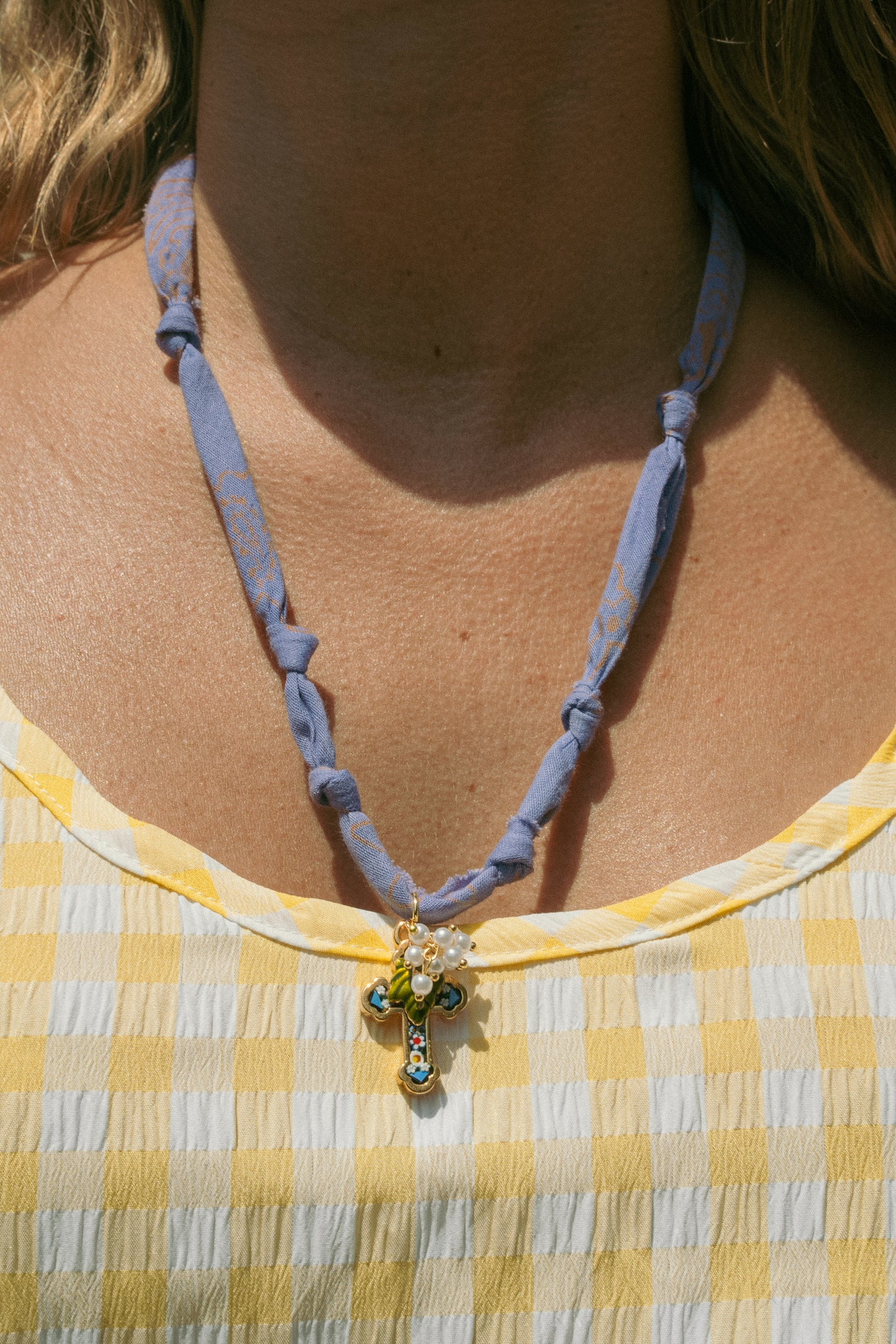 Italian glass cross/pearl grapes + periwinkle