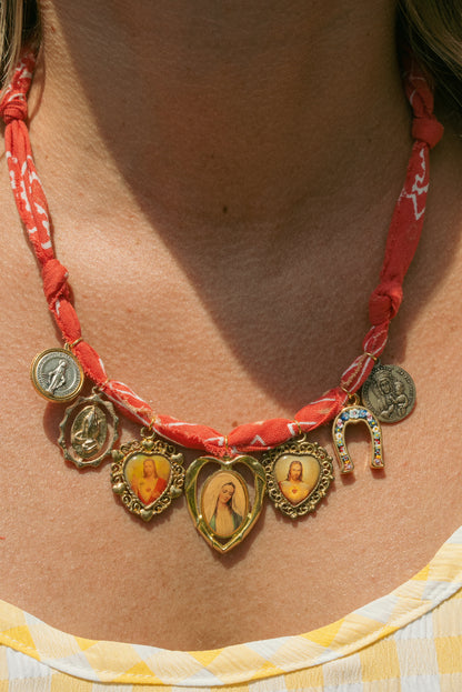 Vintage European religious/Italian glass + pinky red bandana