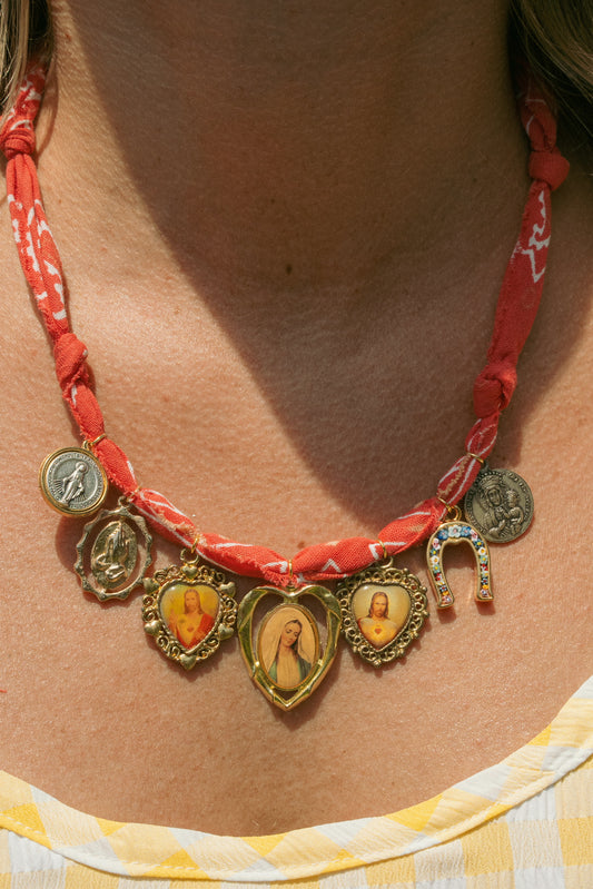 Vintage European religious/Italian glass + pinky red bandana