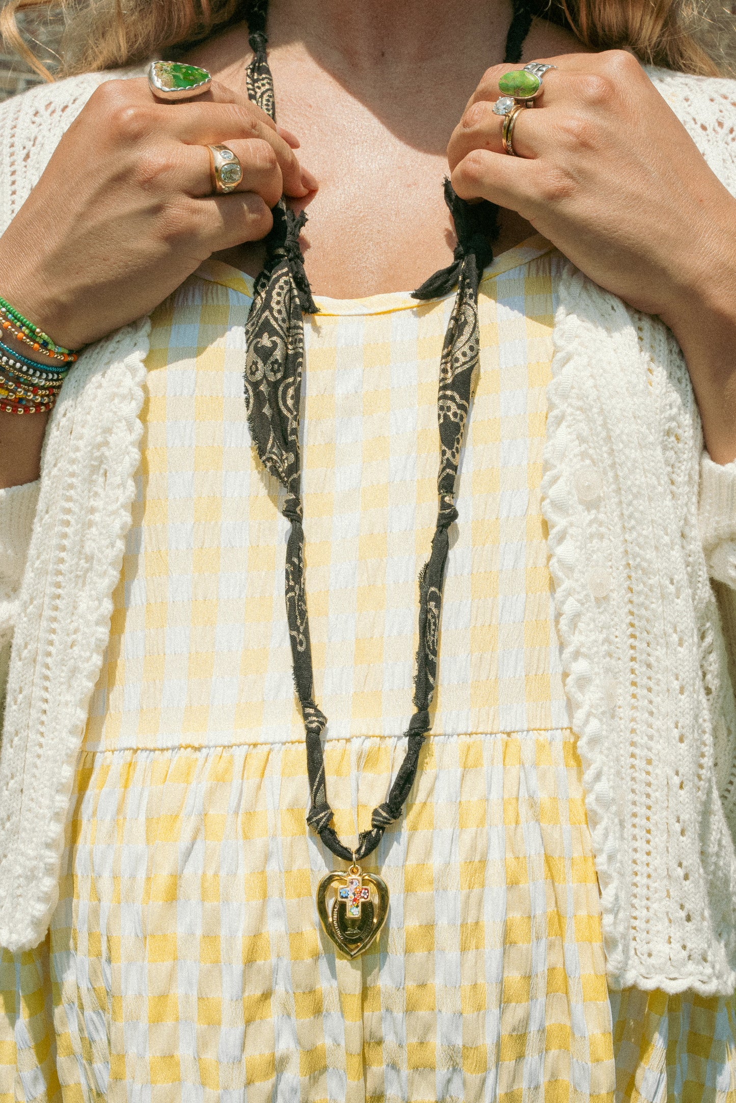 Vintage heart w/Italian glass + black and gold paisley extra long bandana