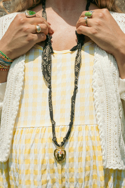 Vintage heart w/Italian glass + black and gold paisley extra long bandana
