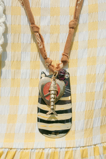 Italian striped cat w/ layered charms + extra long neutral bandana