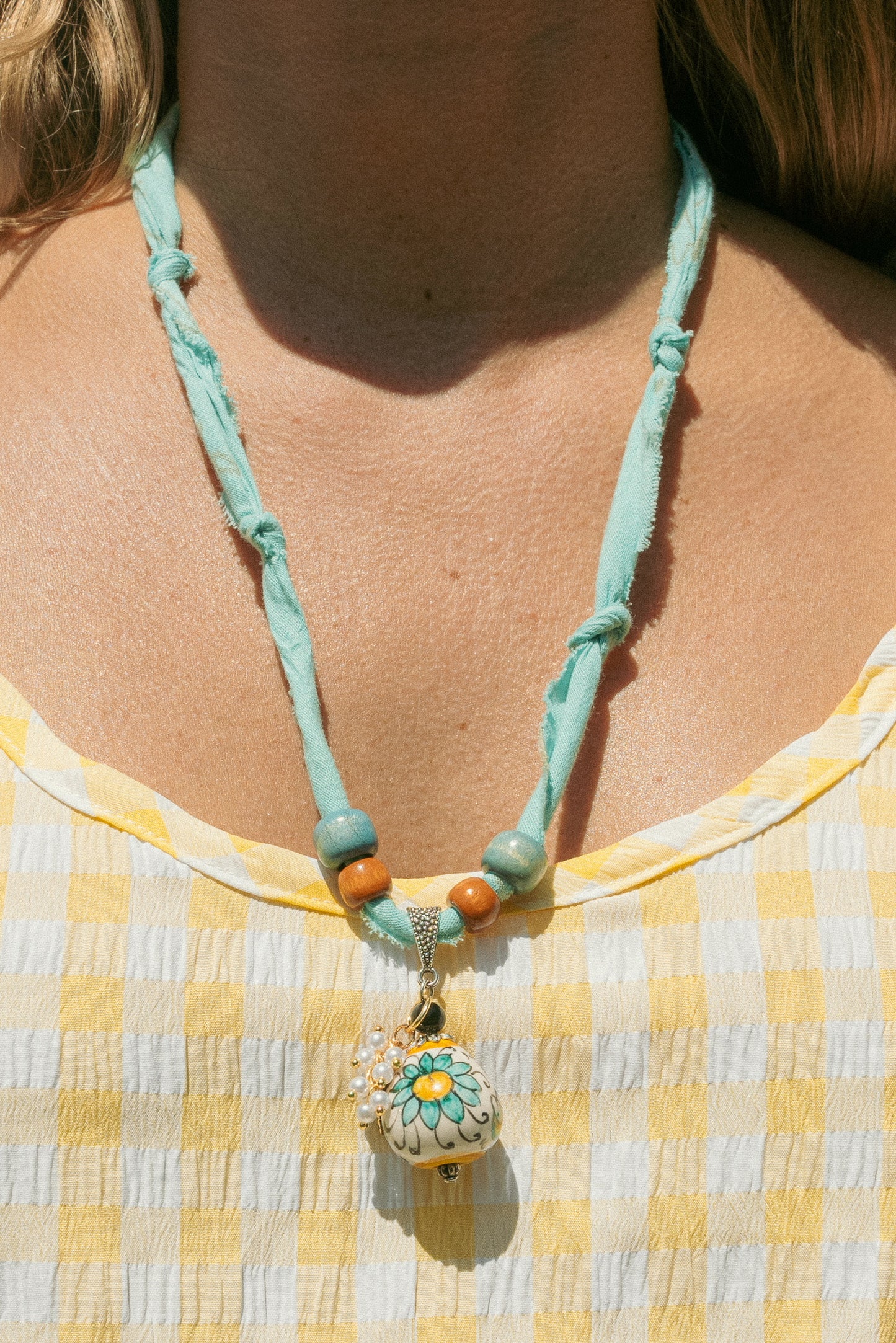 Italian porcelain pendant w/ pearls + beaded blue
