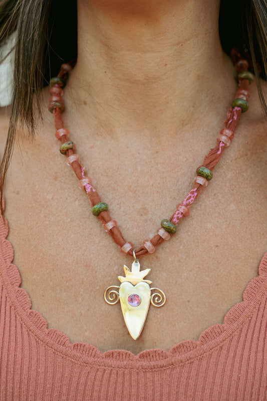 Beaded sterling heart pendant w/gold filled crown