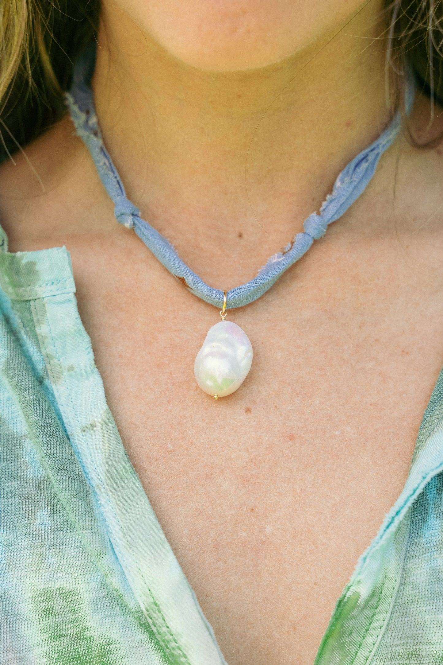 Mother of pearl pendant + chambray blue