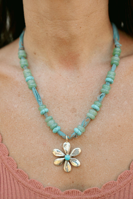 Double-sided Sterling/turquoise flower pendant + blue