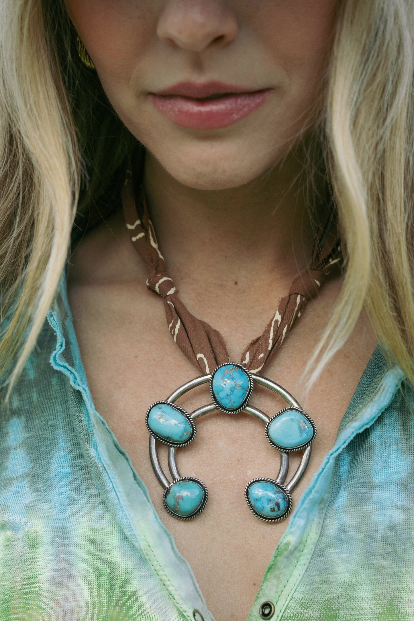 Vintage turquoise squash blossom + brown custom bandana