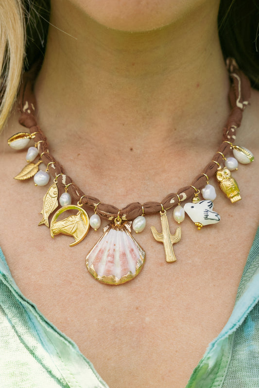 Beachy shell /solid vintage and pearls + custom brown bandana