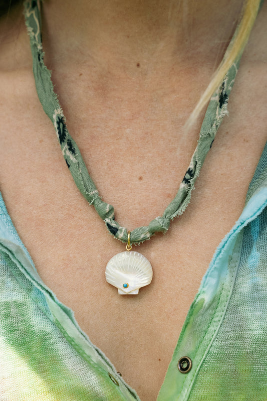 Mother of pearl clam pendant + sage