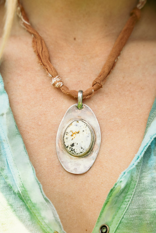 Vintage white buffalo /sterling pendant + mocha brown