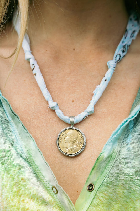 Vintage Coin Pendant + light blue