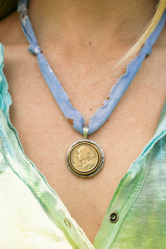 Vintage coin pendant + chambray blue
